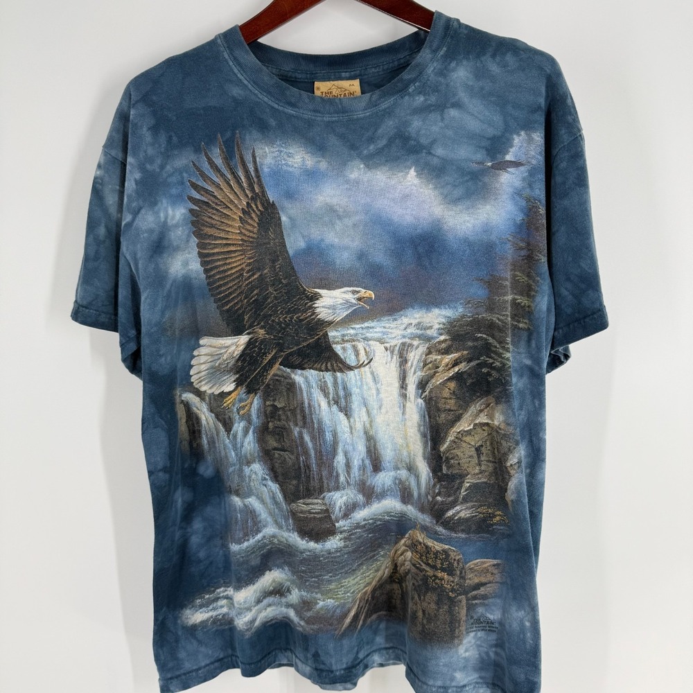 VTG The Mountain Graphic Tee Bald Eagle Waterfall Tie Dye‎ T-Shirt Blue Size M